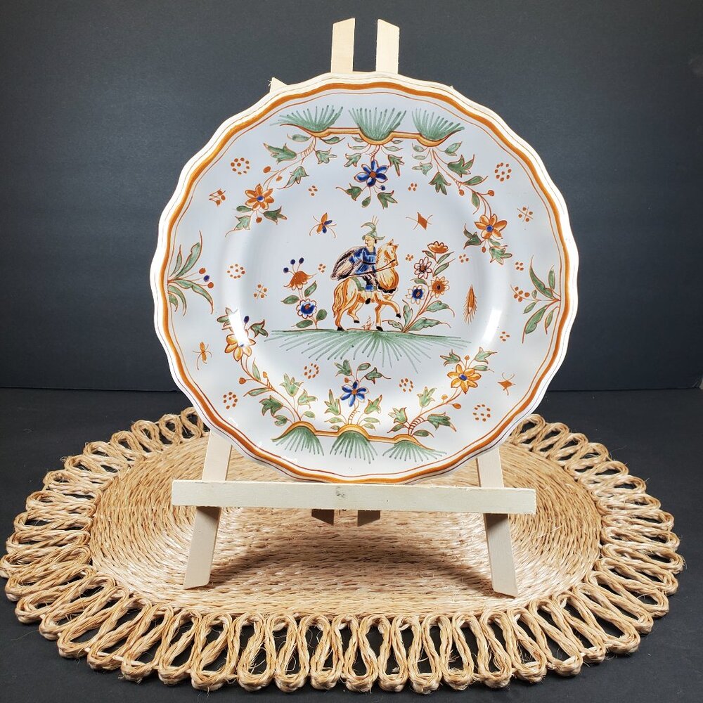 Pair of Antique K&G Lunéville Moustiers Faience Plates: Hand-Painted Olery Horse